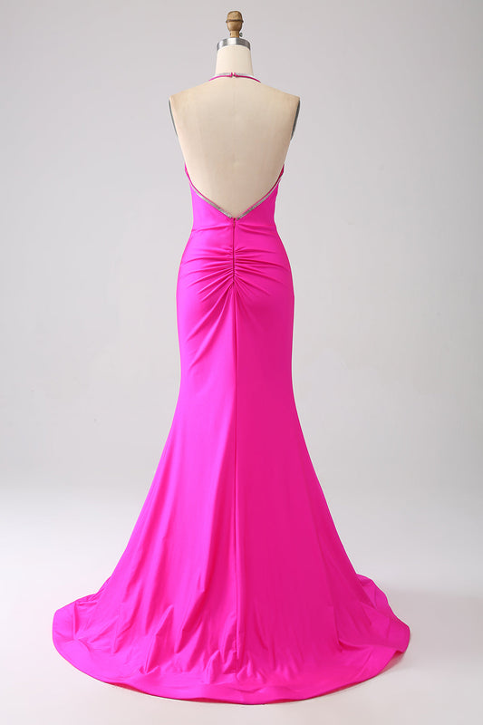 Fuchsia Mermaid Halter Neck Backless Long Prom Dress