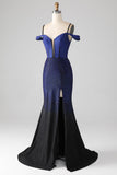 Sparkly Navy Mermaid Long Corset Prom Dress with Slit