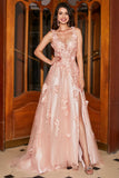 A-Line Spaghetti Straps Blush Long Prom Dress with Appliques