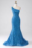 Blue Mermaid One Shoulder Sequins Long Prom Dress