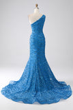 Blue Mermaid One Shoulder Sequins Long Prom Dress