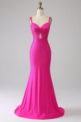 Sparkly Mermaid Hot Pink Prom Dress with Hollow-out