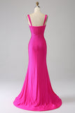 Sparkly Mermaid Hot Pink Prom Dress with Hollow-out