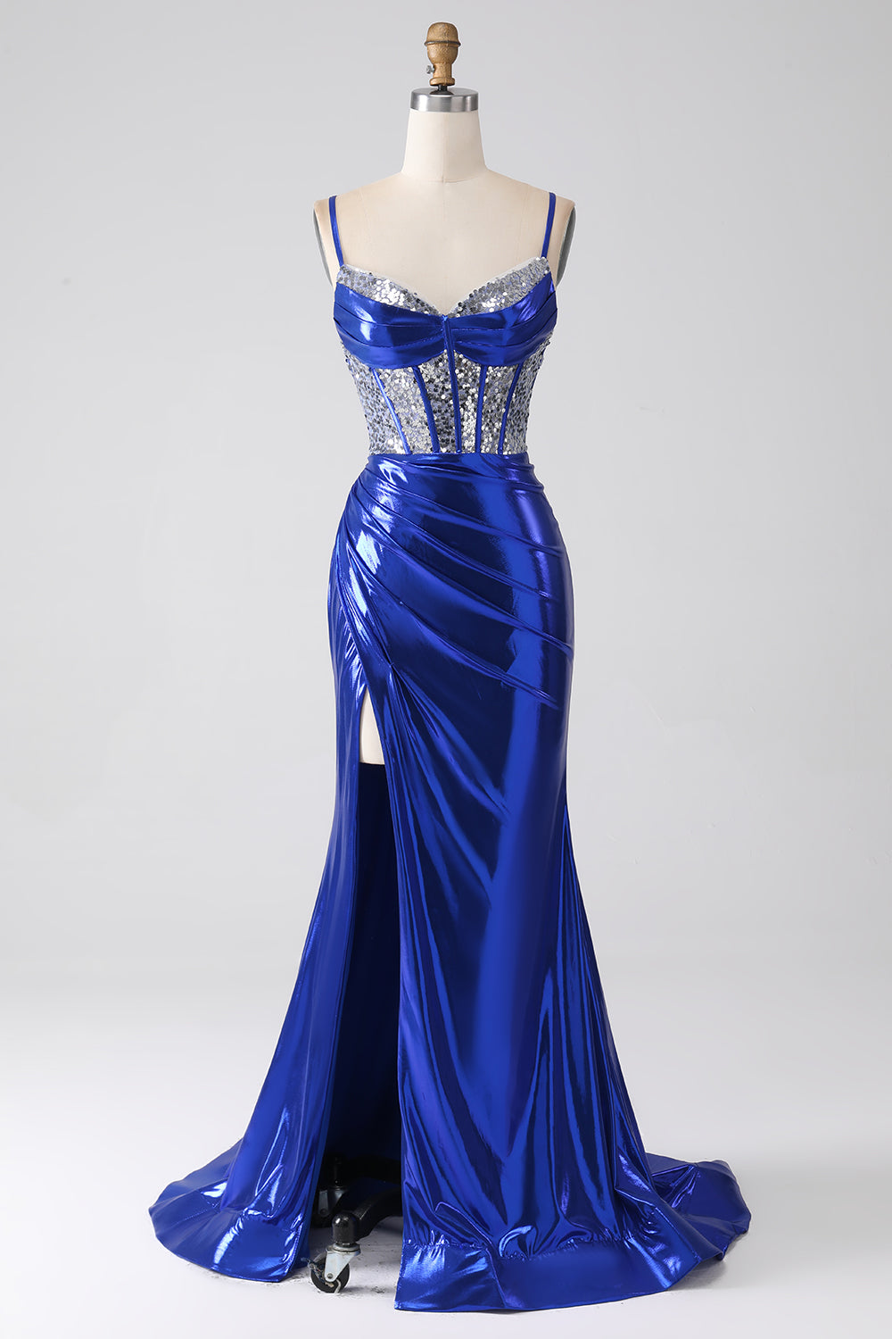 Royal Blue Mermaid Sparkly Sequin Pleated Corset Prom Dress With Slit