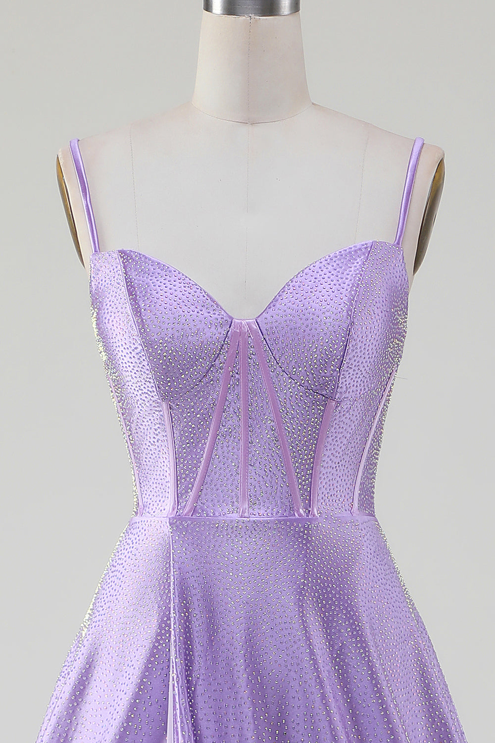 Simple Sparkly Lilac A-Line Side Slit Corset Prom Dresses with Rhinestones