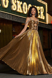 Sparkly Ruched Spaghetti Straps Beaded Metallic Prom Dress With Slit