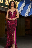 Sparkly Mermaid Spaghetti Straps Fuchsia Sequins Long Prom Dress with Accessories Set