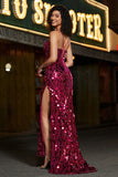 Sparkly Mermaid Spaghetti Straps Fuchsia Sequins Long Prom Dress with Accessories Set