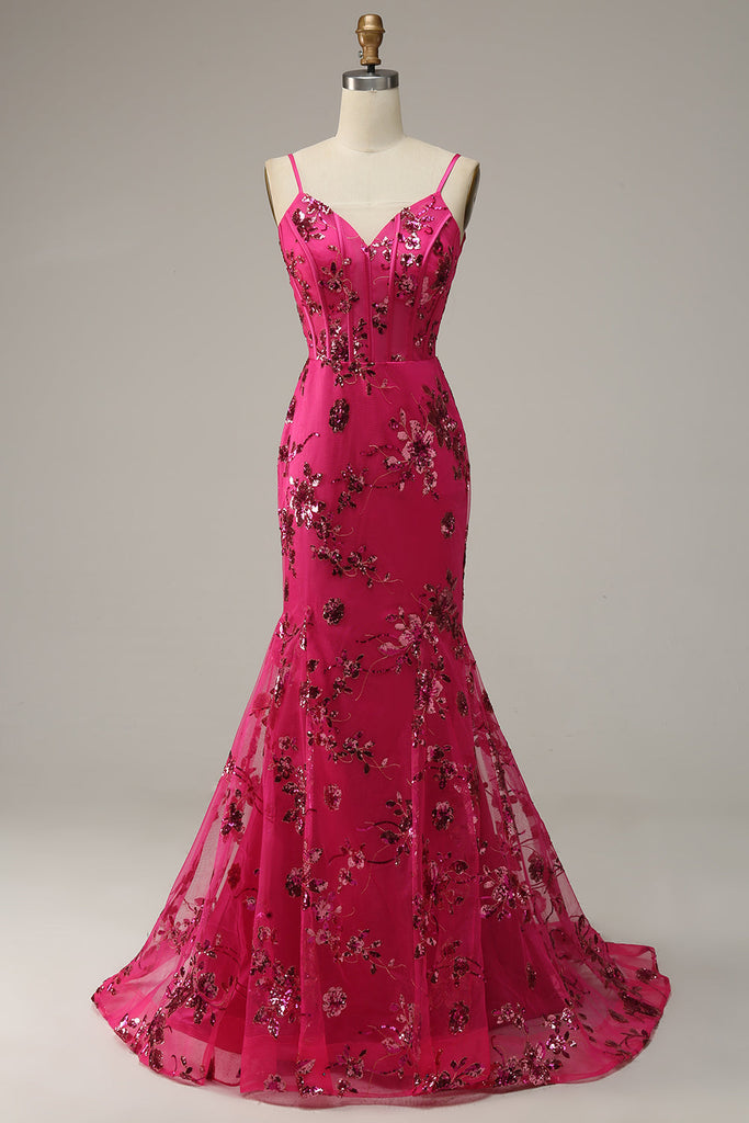 Zapakasa Women Hot Pink Sequin Print Mermaid Prom Dress Spaghetti ...