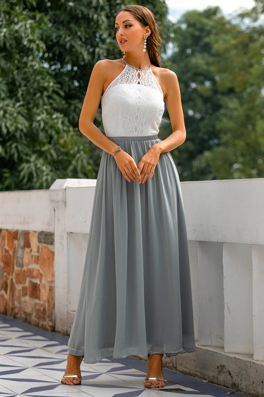 Grey Open Back Long Bridesmaid Dress