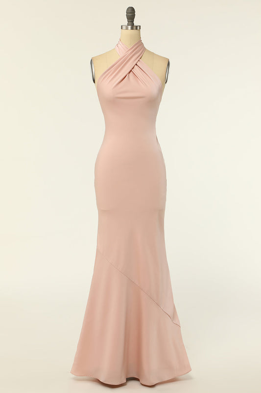 Mermaid Halter Blush Long Bridesmaid Dress with Backless