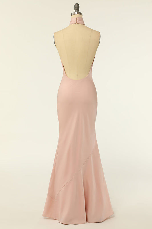 Mermaid Halter Blush Long Bridesmaid Dress with Backless