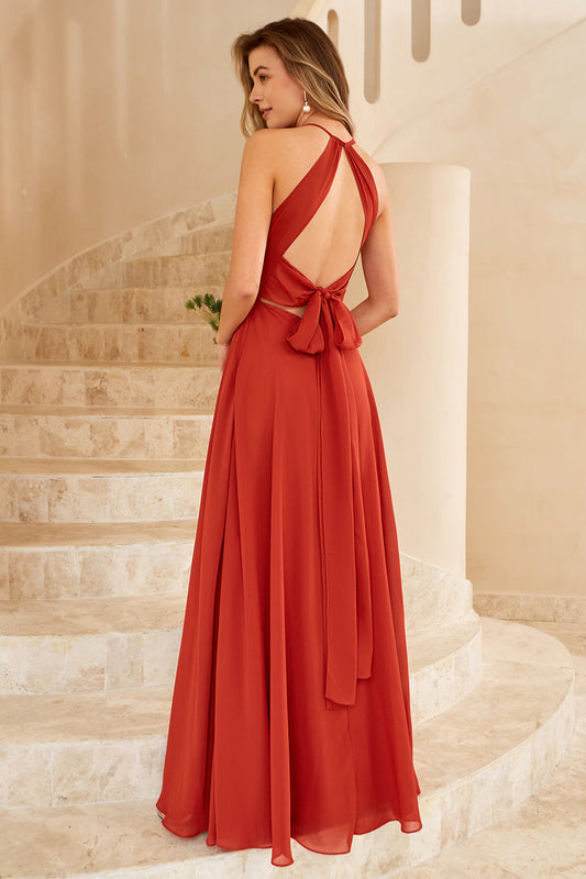 Rust Brown Open Back Bridesmaid Dress