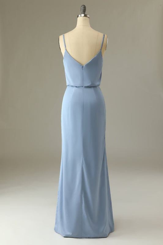 Spaghetti Straps Grey Blue Long Bridesmaid Dress