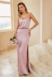 Spaghetti Straps Grey Pink Long Bridesmaid Dress