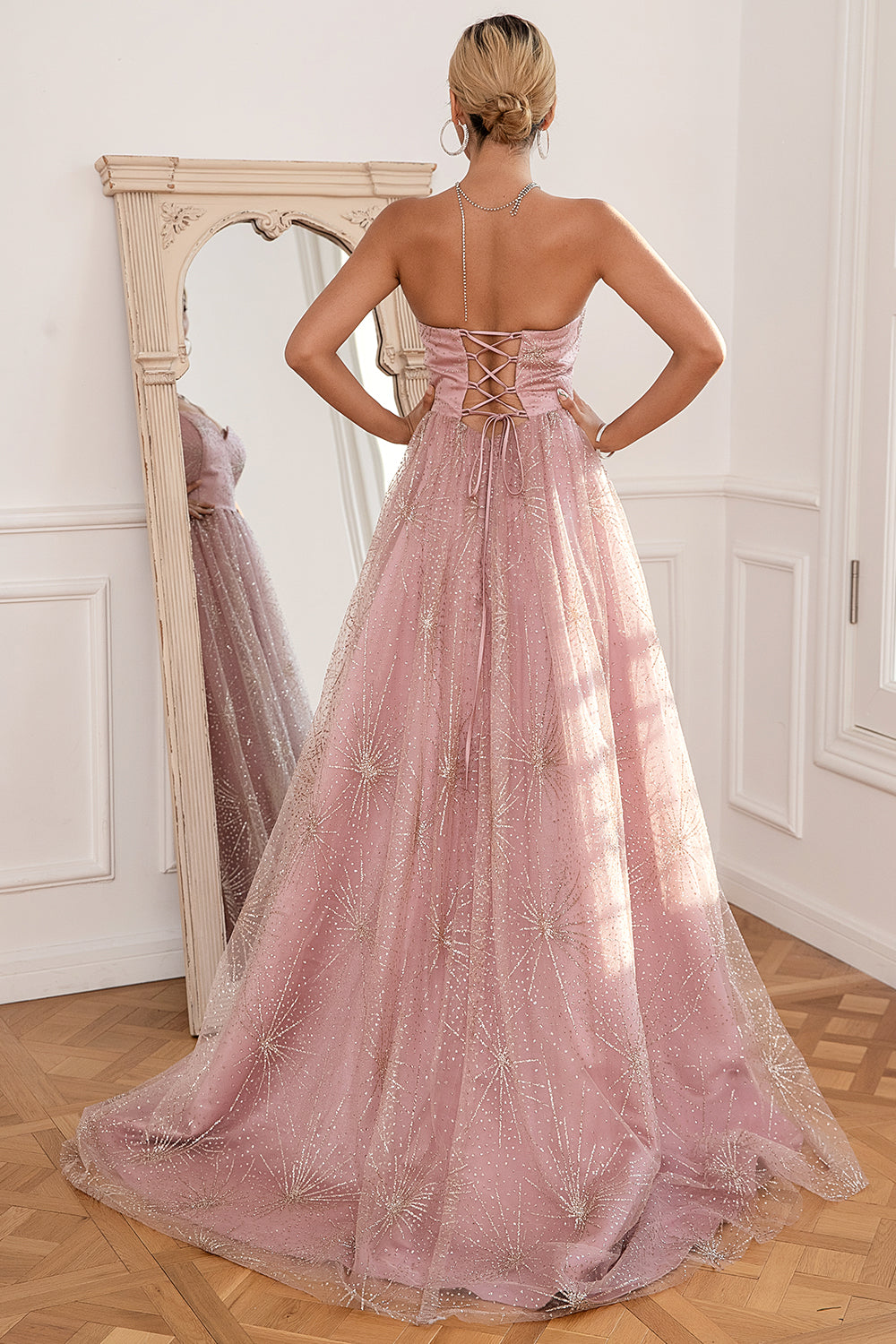 Glitter Blush Long Prom Dress with Slit