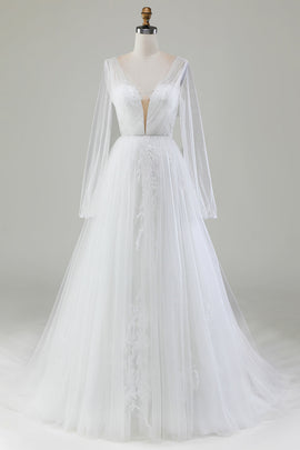 Ivory A-Line V-Neck Pleated Tulle Wedding Dress With Long Sleeves