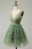 Green Tulle V-neck Short Prom Dress