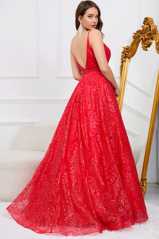 Sparkly Spaghetti Straps Red Long Prom Dress