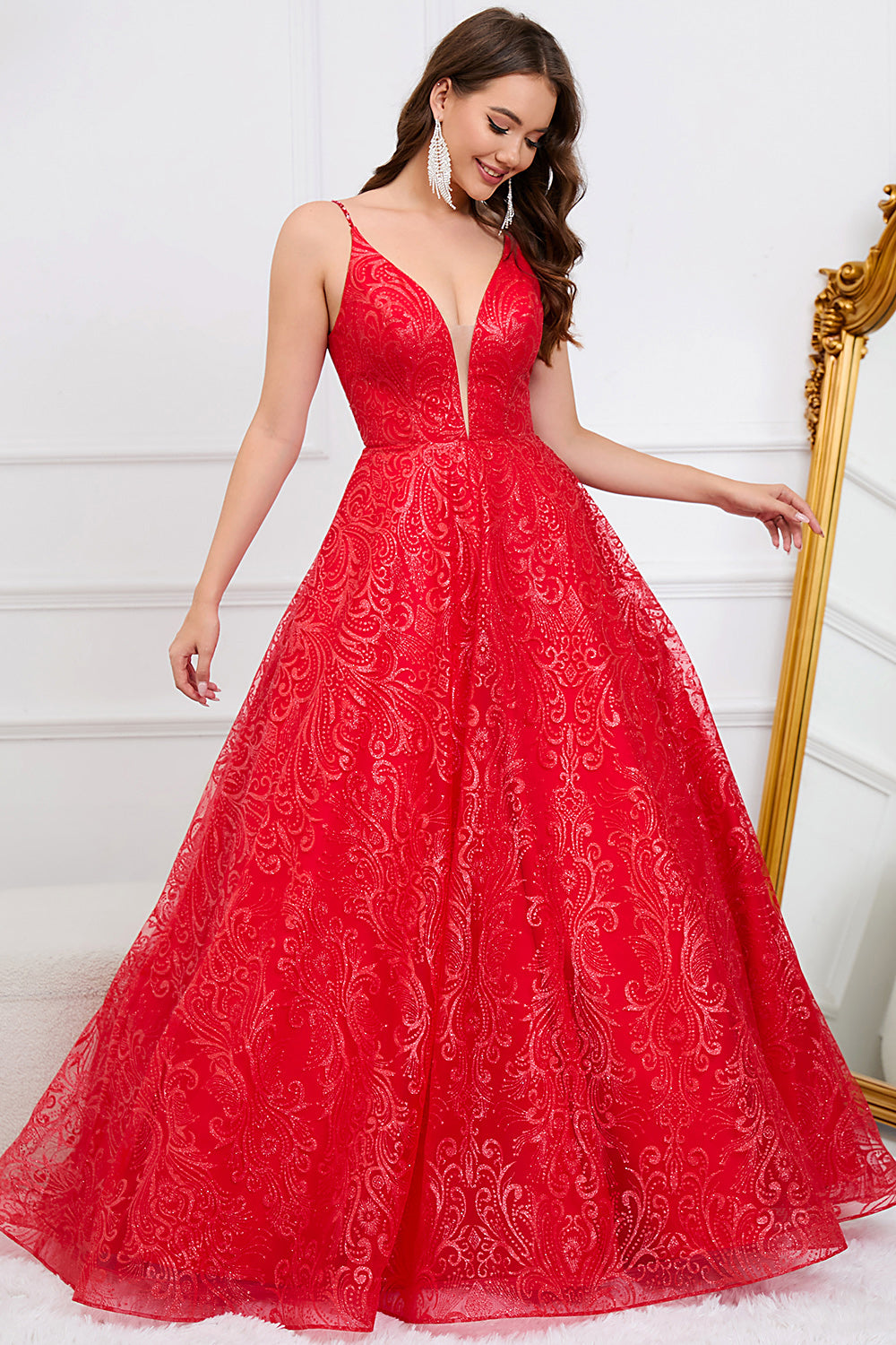 Sparkly Spaghetti Straps Red Long Prom Dress