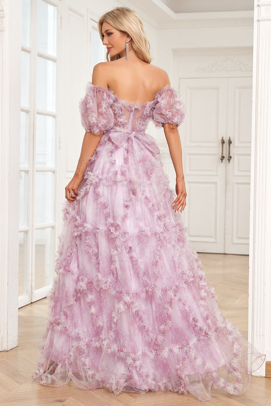 Charming A Line Off the Shoulder Purple Long Prom Dress with Printing