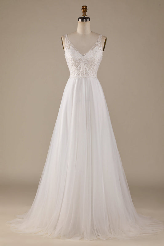 Ivory V-Neck Tulle Sweep Train Wedding Dress with Lace