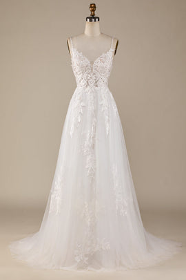 Ivory A-Line Tulle Criss-Cross Straps Back Wedding Dress