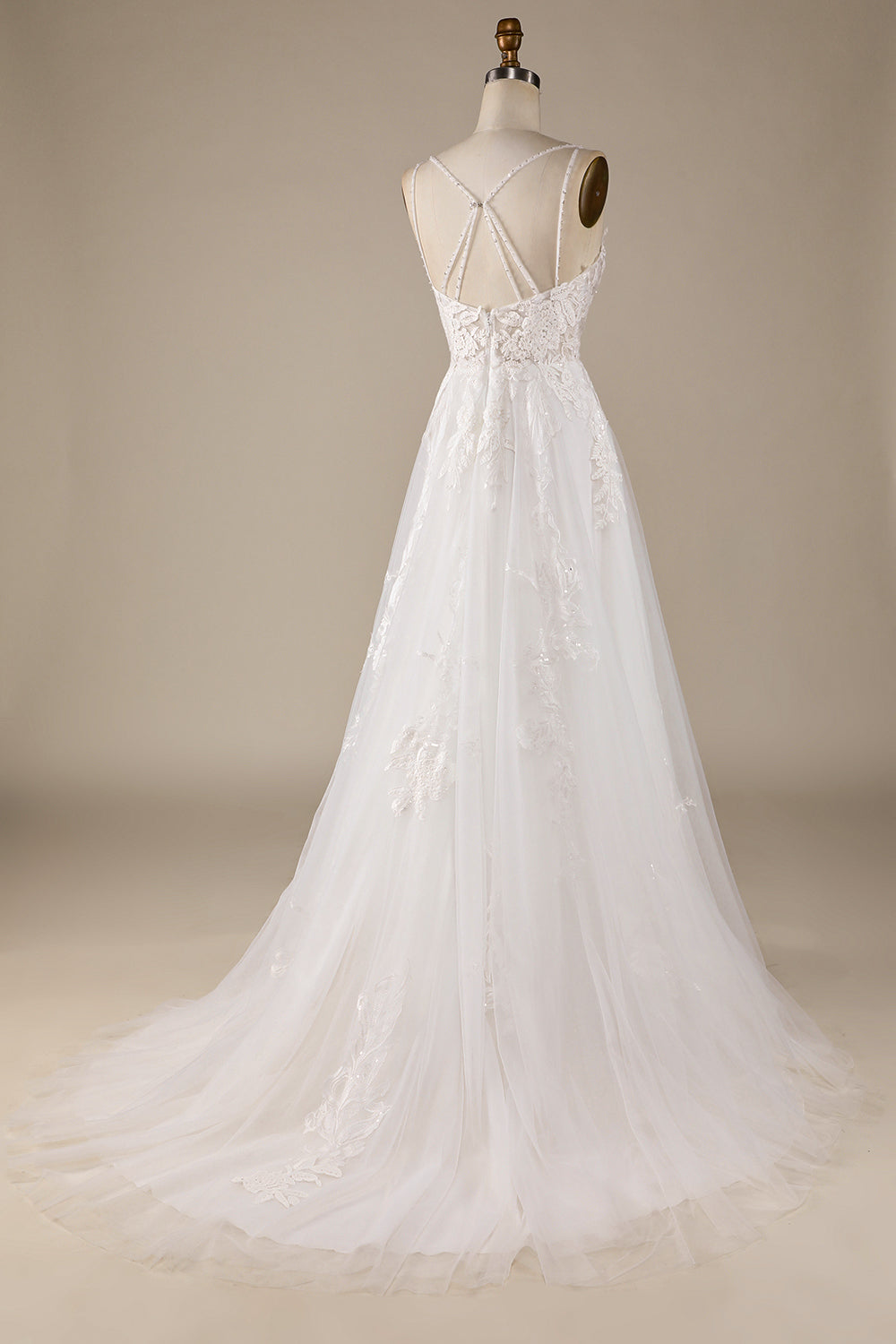 Ivory A-Line Tulle Criss-Cross Straps Back Wedding Dress